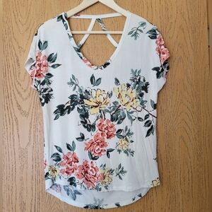 Maurices 24/7 off white & floral cowl neck hi/low cutout back short sleeve top S